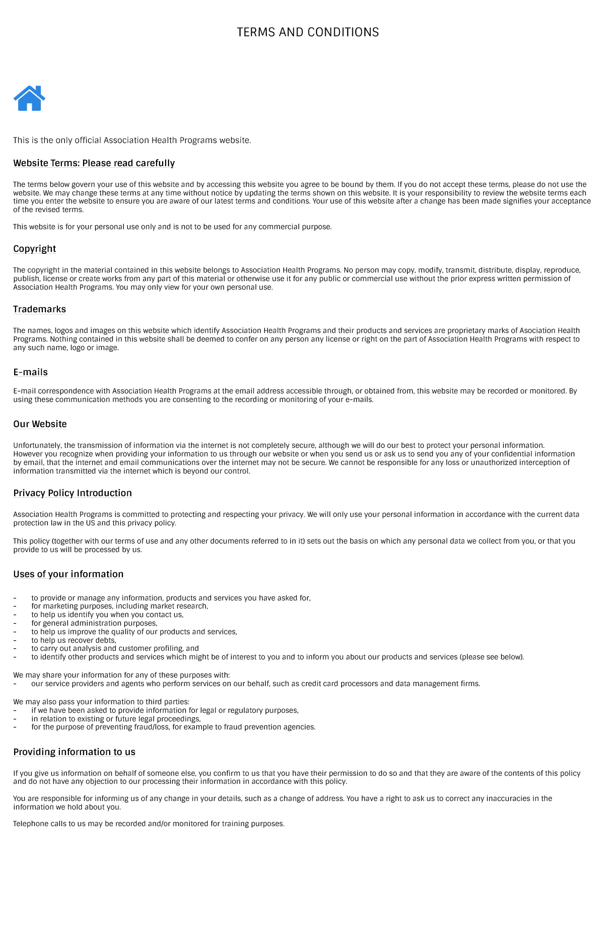 Association Health Programs: Terms & Conditions